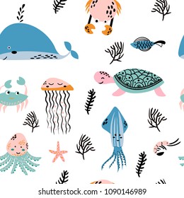 Seamless pattern sea life. Underwater world. Fish, jellyfish,whale, crab, shrimp, squid, starfish, seaweed. Vector flat illustrations and icon set