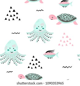 Seamless pattern sea life. Underwater world. Fish, tortoise, octopus. Vector flat illustrations and icon set
