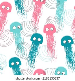 Seamless pattern sea life. Underwater world. Fish, jellyfish, crab, sea horse.  Shell aquarium background. Nautical marine illustration