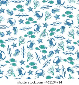 Seamless pattern of sea life. Underwater inhabitants. Crabs, starfish and coral fish.