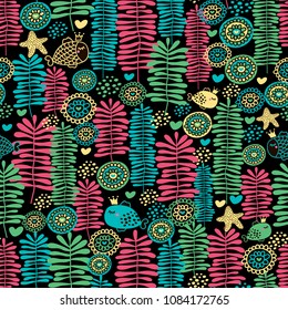 Seamless pattern of sea life. Vector illustration with fish and water grass.