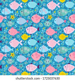 Seamless pattern with sea life. Vector illustration with cute colorful fishes.