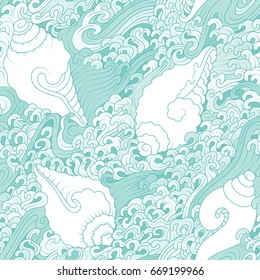 Seamless pattern with sea motifs and shells in tibetan iconography style, vector.