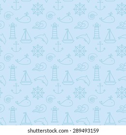 Seamless pattern with sea and nautical symbols. Cute background in pale blue colors. Vector illustration.