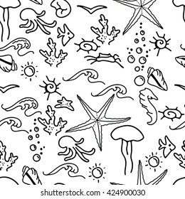 Seamless pattern with  sea objects. Black and white, monochrome. Endless texture with sea symbols for your design