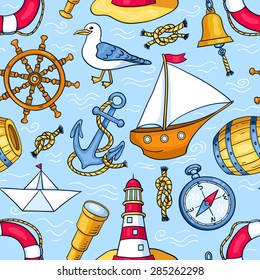 Seamless pattern with sea objects. Vector cartoon background for children.