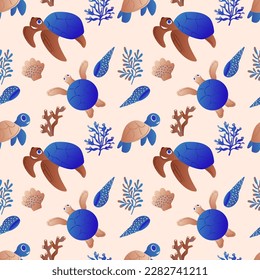 Seamless pattern with sea and ocean animals, corals, seaweeds and shells. Flat design style cartoon characters. Seashore elements design for fabrics, wallpaper