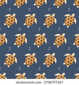 nahtloses Muster Meer Wasser Schildkröte Tier auf blauem Hintergrund Vektor Tapete Textil Geschenkpapier Stoff