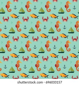 seamless pattern sea ocean water crab animal boat sailing anchor seahorse fish background wallpaper textile vector
