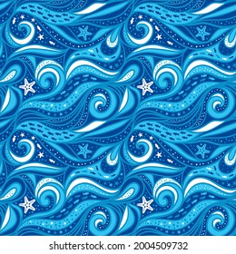 Patrón incomparable con olas marinas o oceánicas, estrellas del mar y peces pequeños. Ilustración del vector