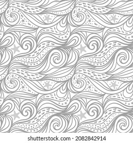 Seamless pattern with sea or ocean waves, sea stars and small fishes. Vector illustration