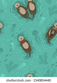 Seamless pattern with sea otters