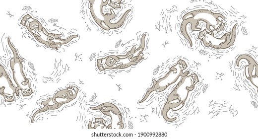 Seamless pattern with sea otters. Hand-drawn otters with their young in the water. Isolated on a white background 