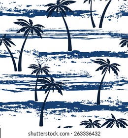 Seamless pattern with sea and palm trees. Summer background.