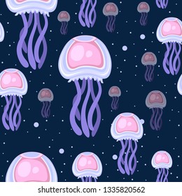 Seamless pattern. Sea pink and purple jellyfish. Tropical underwater animal. Medusa aquatic organism, cartoon style design. Flat vector illustration on dark blue background.