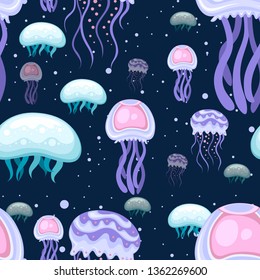 Seamless pattern. Sea pink and purple jellyfish. Tropical underwater animal. Medusa aquatic organism, cartoon style design. Flat vector illustration on dark blue background.