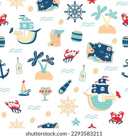 Seamless pattern. Sea pirate theme. Wrapping paper. Print. Ship, treasure map, crab, spyglass, desert island, anchor, steering wheel, coins. Vector illustration. White background Textiles for children