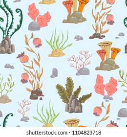 Seamless pattern with sea plants, corals, seaweed and stones. Hand drawn marine flora in watercolor style. Vector illustration 