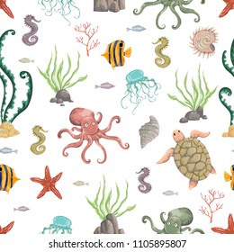 Seamless pattern with sea plants, corals, seaweed, stones and animals. Hand drawn marine flora and fauna in watercolor style. Vector illustration 