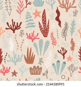 Seamless pattern with sea plants and corals on beige background. Sea digital background with vector hand drawn elements. Seamless pattern for kids fabric, textile and scrapbook paper.