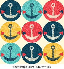 Seamless pattern with sea polka dots and love anchor. Seamless pattern can be used for wallpaper, pattern fills, web page background, surface textures.