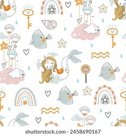 Seamless pattern with Sea Pony, fish, shells and stars. Printing on fabric and wrapping paper. Vector illustration