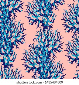 Seamless Pattern with sea reef corals. Cheerful summer pattern for textiles, pillow and interior decoration, web page background, wrapping paper, cosmetics, food and drink package decoration. 