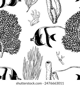 Patrón sin fisuras con corales de arrecife de mar y peces tropicales. Ilustración de estilo de boceto en blanco y negro gráfico de Vector para envolver textil de tela de Fondo de pantalla