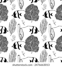 Seamless pattern with sea reef corals and tropical fish moorish idol. Vector graphic black and white sketch style illustration for wrapping wallpaper fabric textile