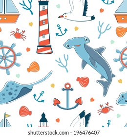 Seamless pattern with sea related elements