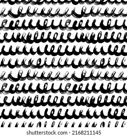 Seamless pattern with sea, rivers or water texture. Surface design with loopable lines, swirl brush strokes. Abstract background with wavy black brush strokes. Curly grunge black paint vector lines