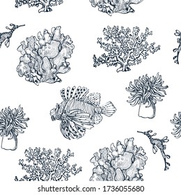 seamless pattern of sea Rua fish and coral pattern vector illustration on white background monochrome