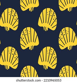 Seamless pattern with sea scallops on a water background. Spotted scallops in flat graphic style. Decorative pattern with elements of marine fauna for printing on paper, fabric and textiles.