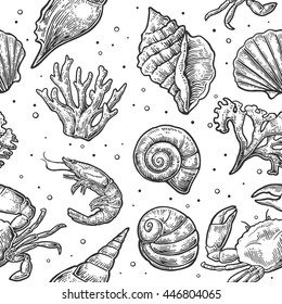 Seamless pattern sea shell, coral, crab and shrimp. Vector engraving vintage illustrations. Isolated on white background.