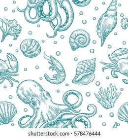 Seamless pattern sea shell, coral, crab, octopus and shrimp. Vector engraving cyan vintage illustrations. Isolated on white background