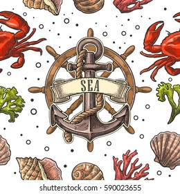 Seamless pattern sea shell, coral, crab, wheel and anchor with ribbon Vector color engraving vintage illustrations. Isolated on white background.