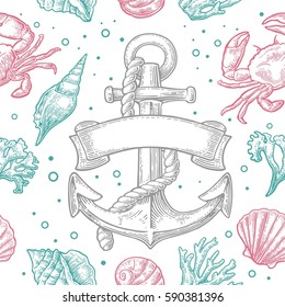 Seamless pattern sea shell, coral, crab and anchor with ribbon Vector color engraving vintage illustrations. Isolated on white background.