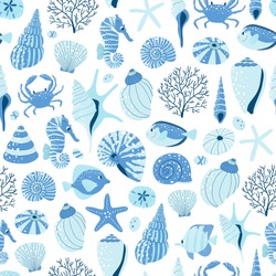Seamless Pattern With Sea Shell And Fish On White Background.