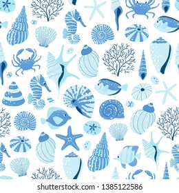 Seamless pattern with sea shell and fish on white background.