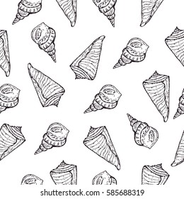 Seamless pattern with Sea shell hand drawn collection. Vector stock illustration. Black and white sketch