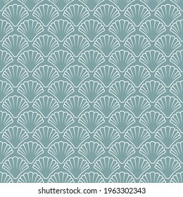 Seamless pattern with sea shell  on powder blue background. Shellfish ornament. Beauty and luxury spa concept. Seafood clam, oyster wallpaper.