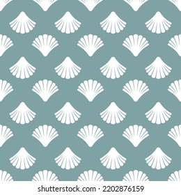 Seamless pattern with sea shell  on powder blue background. Shellfish ornament. Beauty and luxury spa concept. Seafood clam, oyster wallpaper.
