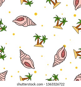 Seamless Pattern of Sea Shell and Palm Tree hand drawn in cute colorfull doodle vector