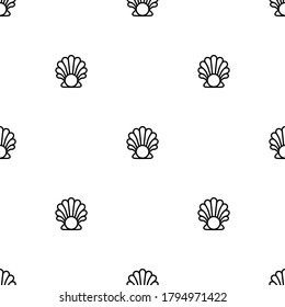 Seamless Pattern With Sea Shell And Pearl On White Background. Shellfish Ornament. Beauty And Luxury Spa Concept. Seafood Clam, Oyster Wallpaper.