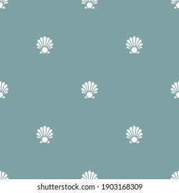 Seamless pattern with sea shell and pearl on powder blue background. Shellfish ornament. Beauty and luxury spa concept. Seafood clam, oyster wallpaper.