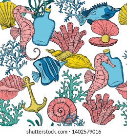 Seamless pattern. Sea shell, seaweed, anchor, seahorse, and fish. Hand drawn underwater creatures.