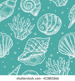 Seamless pattern sea shell.  Vector engraving vintage illustrations. 