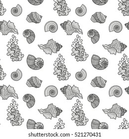 Seamless pattern sea shell. Vector illustration engraving vintage illustrations. Hand drawn sketch coloring marine life background textile