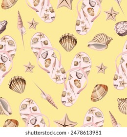 Seamless pattern of sea shells and beach flip-flops on a yellow background.Vector pattern for summer banners, textiles.