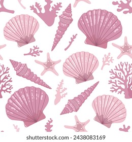 Seamless pattern of sea shells. Beautiful colored pink shells with interesting shapes. Fashionable flat vector illustration, for textile creation, endless print.